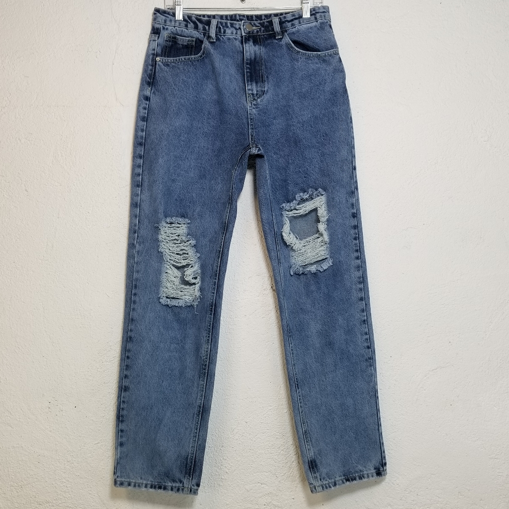 Shein Women High Waisted Ultra Distressed Straight Jeans Size L Destroyed Denim